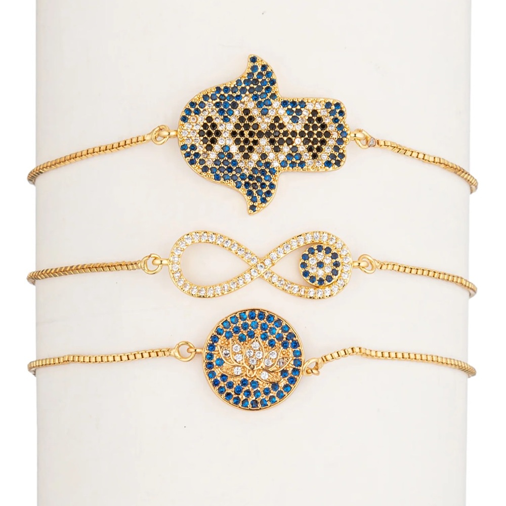 💧 EYE CANDY- Infinite Lotus Hamsa Gold Plated Multi Layer Bracelet Set, NWT